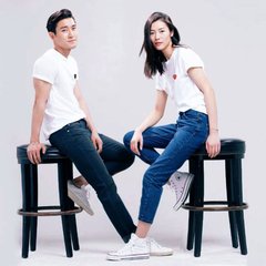The new spring and summer love gold star with a short sleeved T-shirt Xinmian size loose men and women couples with children Baby [80] White [black heart]