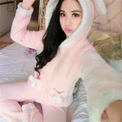 Autumn and winter warm sweet thick flannel pajamas female long sleeved suit hooded coral fleece winter clothes Home Furnishing XXL [height 168-173 weight 140-160] Pink lace
