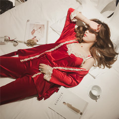 Winter sexy velvet pajamas long sleeved cardigan vest suit pants female lace three piece suit Home Furnishing S gules