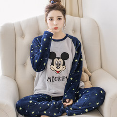Autumn and winter Coral Fleece Pajamas long sleeved clothing female Korean large code Home Furnishing thick sweet Flannel Suit Flannel fabric does not fade without fading Black and White Velvet