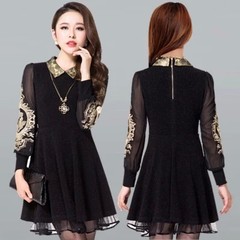 2017 new spring mother dress skirt backing middle-aged women's doll collar lace embroidery dress code in winter L (about 95-110 Jin) Black (photographed necklace)
