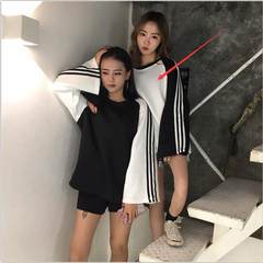 Hitz Korean couples dress shirt and loose thin cashmere thickened all-match striped long sleeved T-shirt of female students M Coat white sleeve black