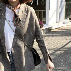Sun Lala made 17 autumn Korean Vintage British double breasted Plaid suit jacket Slim Skinny girl S Grey coffee (cotton)