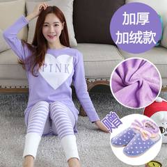 In autumn and winter, women's flannel velvet pajamas set in winter add plush, lovely cotton long sleeve household clothes L 110 Jin -120 Jin Purple Heart (with velvet thickening)