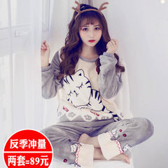 Female winter Coral Fleece Pajamas fresh sweet Korean girl students in autumn and winter Home Furnishing Flannel Suit M Lace Pink