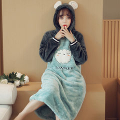 Cute Korean female winter flannel Nightgown Pajamas female dress hat fresh students even in autumn and winter in coral fleece M 9212# brown bear