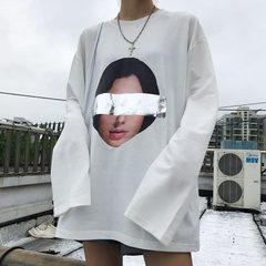South Korea ulzzang source wind street all-match metal stickers printing head loose couple T-shirt sweater for men and women M Beige
