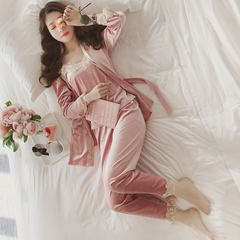 Sexy bralet jinsirong pajamas ladies casual trousers long sleeved autumn and winter clothing three sets of Home Furnishing S Pink