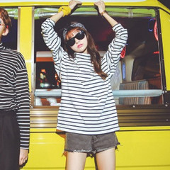 The autumn wind source of Korean ulzzang retro lovers striped long sleeved T-shirt class dress loose Turtleneck Shirt woman S white