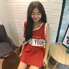 Korean women's summer sport wind BF loose sleeveless vest wear coat primer couple letters show thin F deep-red color