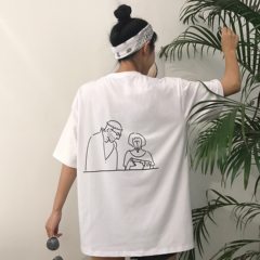 Summer Korean cartoon printing loose T-shirt Harajuku BF wind all-match shirt couple shirt female students M white