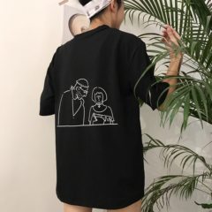 Summer Korean cartoon printing loose T-shirt Harajuku BF wind all-match shirt couple shirt female students M black