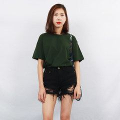 A couple of solid short sleeved t-shirt female Korean students loose neutral base thin cotton shirt retro all-match T XS Blackish green