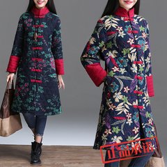Folk style Retro Womens 9a11c loose code printed long section of jacket lady costume coat jacket XL [about 120-135] Bright red