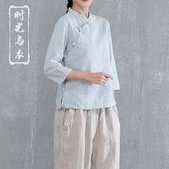 Time and clothing Chinese retro wind Zen dress cotton surplice, long sleeved jacket costume clothing female autumn tea M Soft pink seven point sleeve