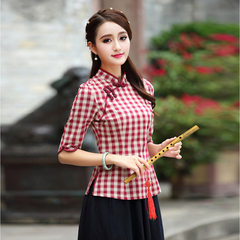 New spring female models of wind Tang suit jacket lattice cheongsam suit retro style cheongsam top school improvement S Red Plaid [one-piece blouse]