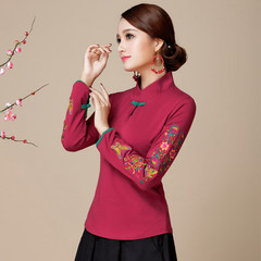 Women's wear, autumn winter new style long sleeves, T-shirt, Yunnan Lijiang retro Chinese folk style Tang costume Embroidered Flower coat 3XL wine red
