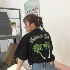 Korean women's College summer wind letter embroidery BF loose short sleeved T-shirt coat T-shirt student lovers tide F black