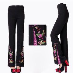 The old lady wide leg high waist pants mother dress flared trouser pants female middle-aged costume embroidered trousers in autumn and winter 2 feet 2 Big peony flower