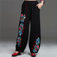 In the old folk style pants cotton trousers embroidered pants loose straight pants size mother costume pants L Black (spring / autumn / cotton free)