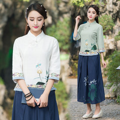 The 2017 fall fashion folk style dress, cotton printing Chinese costume seven sleeve Zen tea shirt M white