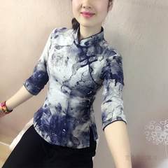 The autumn wind daily art RETRO sleeve female costume Pankou modified cotton jacket slim Chinese cheongsam The size is smaller than the usual big beat a yard Mogra