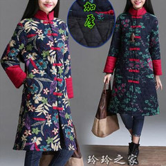 Autumn and winter retro folk style collar, cotton padded jacket, thickened in the long cotton coat color Costume XL (120-135 Jin) Bright red