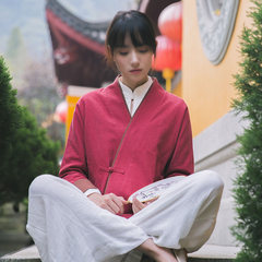 Tangzhuang overcoat lay clothes clothing autumn jacket Chinese female Zen tea service in women's clothing Hanfu wind Zen tea S gules