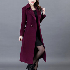 2017 new winter Korean girls cashmere coat long slim suit collar double breasted knee woolen coat 3XL Purplish red