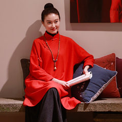 Buddha smile winter wool coat dress dress costume style retro Zen tea loose coat, coat F Orange red