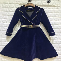 Europe in the autumn of 17 new dress Lapel with belt velvet dress coat and put on the high-end M blue