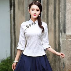 In the Chinese women's short sleeve dress shirt costume Hanfu autumn new Chinese tea clothing, modified elements S white
