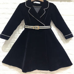 Europe in the autumn of 17 new dress Lapel with belt velvet dress coat and put on the high-end M black