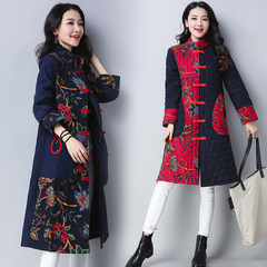 Winter folk style retro large size women in the long section of Pankou stamp mosaic warm cotton padded jacket costume clip 3XL gules