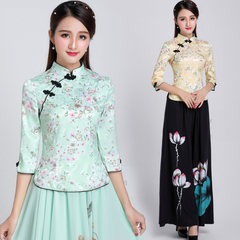 The Chinese cheongsam wind coat improved cheongsam suit costume Hanfu Chinese Vintage cheongsam tea clothing sleeve in the wind S Light green [one-piece blouse]