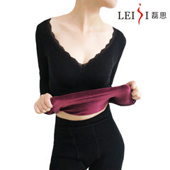 A single winter coat lace big V collar body tight underwear women with cashmere backing cotton clothes Size (chest plus velvet sleeve thickened Terry) Black (purple) Blouse