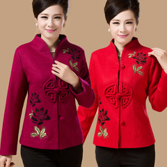 Elderly female festive wedding costume winter wool jacket folk style retro embroidered mother dress casual. 3XL Red (one-piece blouse)