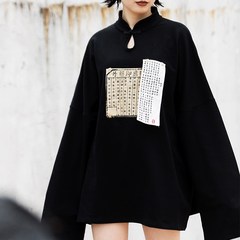 [original] violence miscellaneous independent design of the prescription of two girls improved long sleeved sweater loose Costume F black