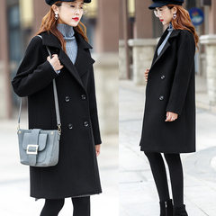 2017 new winter black woolen coat girls long Korean occupation loose tooling woolen jacket. XS black