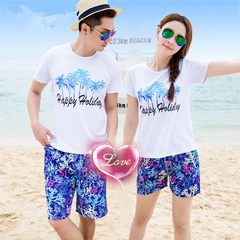 The beach summer female 2017 new couples dress suit XL Shirt Short Sleeved T-shirt male seaside holiday in Sanya Female L Blue palm