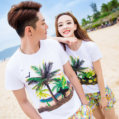 The beach summer female 2017 new couples dress suit XL Shirt Short Sleeved T-shirt male seaside holiday in Sanya Female L Green coconut trees