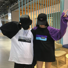 Autumn and winter in South Korea ulzzang raglan sleeve hit color style Monogrammed loose couple long sleeved T-shirt and BF F White + Black