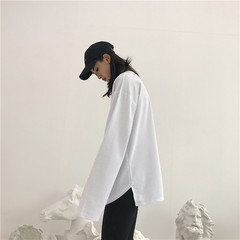 South Korea INS with ultra large color code all-match hem loose slits long sleeved T-shirt thin sweater couples dress for men and women M white