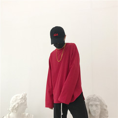 South Korea INS with ultra large color code all-match hem loose slits long sleeved T-shirt thin sweater couples dress for men and women M Claret