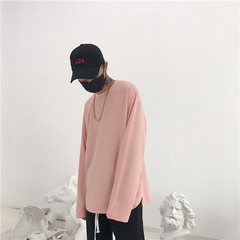 South Korea INS with ultra large color code all-match hem loose slits long sleeved T-shirt thin sweater couples dress for men and women M Shrimp powder