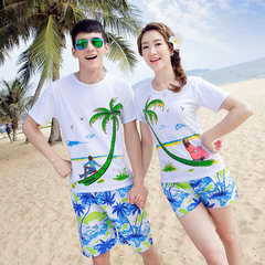 Summer beach couples dress 2017 new Korean Short Sleeved T-shirt printing suit men and Women Beach Vacation honeymoon service Male M [110 Jin] 8150+ [] palm set
