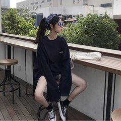 Harajuku all-match wind in the long sleeved ulzzang retro Hong loose T-shirt lovers Sweater Jacket Wind tide M Navy Blue [good quality] team