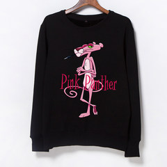 New Pink Panther cartoon female head neck sweater loose size plus couple wool thick long sleeved T-shirt tide XS[velvet black