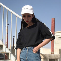 Summer dress Korean wind loose T-shirt Harajuku lovers ring sleeve top student personality T-shirt tide M black