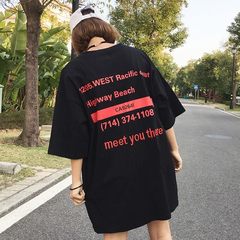 Hong Kong style retro bestie chic installed BF Korean couple in the wind long T-shirt Short Sleeve Blouse Shirt female tide S Black [high quality does not pilling does not fade]